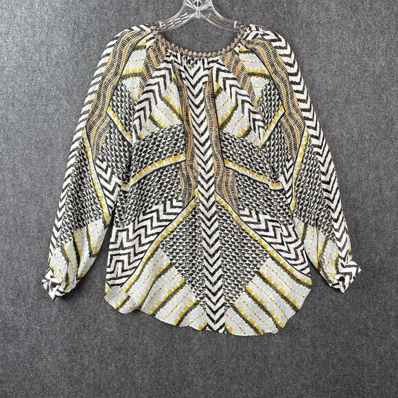 Hale Bob Womens Silk Sheer Abstract Print Blouse Yellow White Black Size XS EUC - Picture 4 of 8